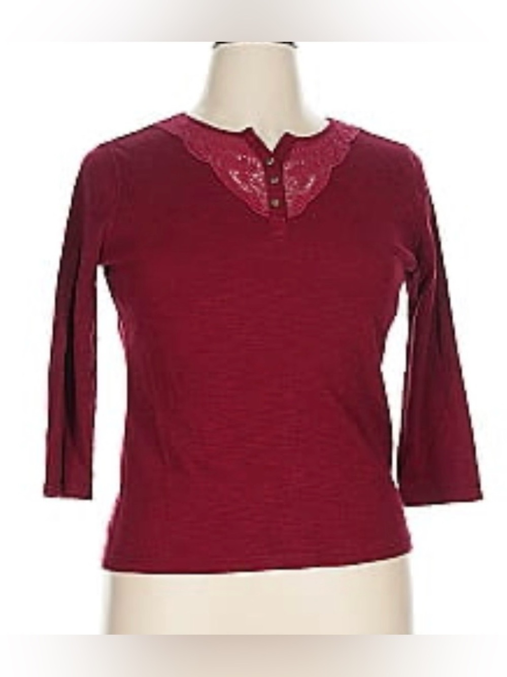 Chaps Denim Petite Women’s Red Burgundy Floral Lace Trim 3/4 Sleeve Henley Top